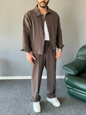 Düğmeli Yan Cep Detaylı Baggy Kahve Takım