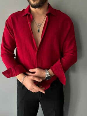 Basic Müslin Kumaş Bordo Oversize Gömlek