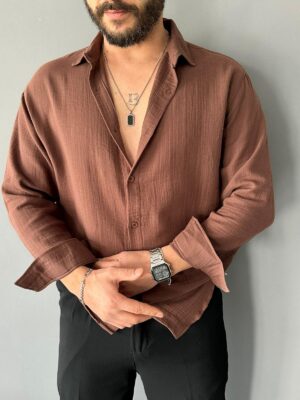 Basic Müslin Kumaş Kahve Oversize Gömlek