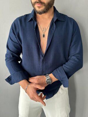 Basic Müslin Kumaş Lacivert Oversize Gömlek