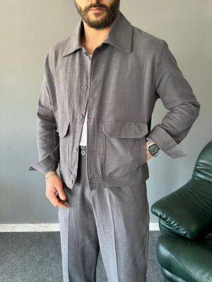 Kapaklı Çift Cep Detaylı Antrasit Baggy Keten Takım