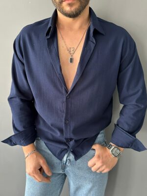 Lacivert Pamuk Krinkıl Oversize Gömlek