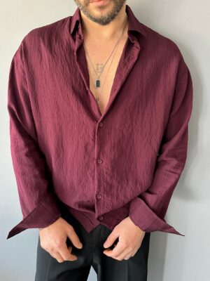 Bordo Çizgili Modal Kumaş Oversize Gömlek