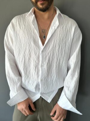 Beyaz Çizgili Modal Kumaş Oversize Gömlek