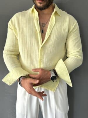 Basic Müslin Kumaş Sarı Oversize Gömlek