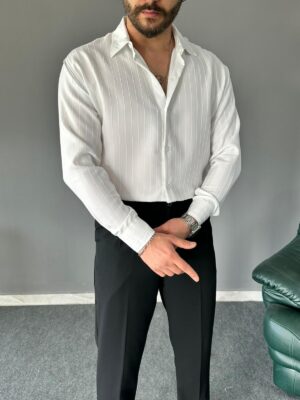 Çizgili Modal Kumaş Beyaz Regular Gömlek