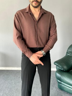 Çizgili Modal Kumaş Kahve Regular Gömlek