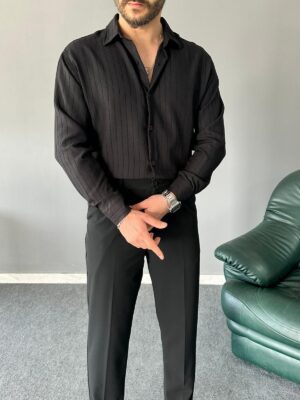 Çizgili Modal Kumaş Siyah Regular Gömlek