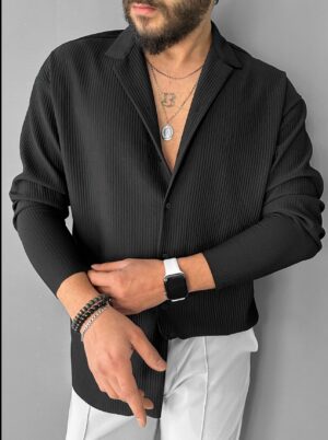 Apaş Yaka Fitilli Kumaş Siyah Oversize Gömlek