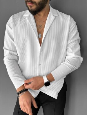 Apaş Yaka Fitilli Kumaş Beyaz Oversize Gömlek