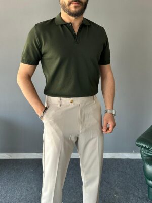 Polo Yakalı Elmas Haki Regular Pamuk Triko