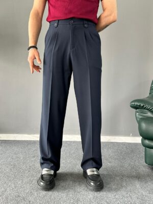 Dil Detaylı Pileli Lacivert Baggy Pantolon