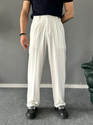 Dil Detaylı Pileli Ekru Baggy Pantolon