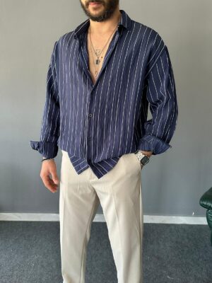 Modal Kumaş Çizgili Lacivert Oversize Gömlek