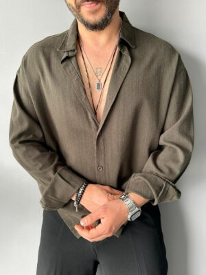 Fresh Keten Kumaş Süper Oversize Haki Gömlek