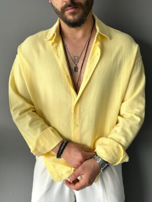 Fresh Keten Kumaş Süper Oversize Sarı Gömlek