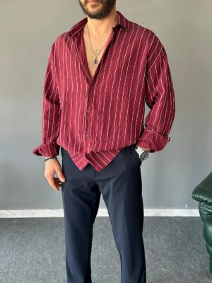 Modal Kumaş Çizgili Bordo Oversize Gömlek