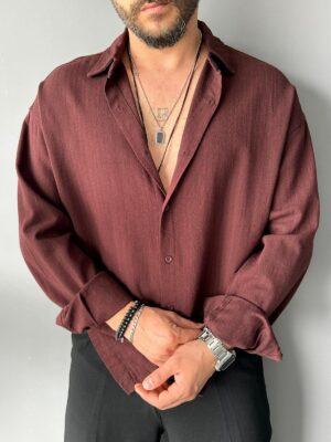 Fresh Keten Kumaş Süper Oversize Kahve Gömlek