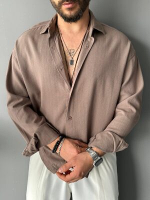 Fresh Keten Kumaş Süper Oversize Mokka Gömlek
