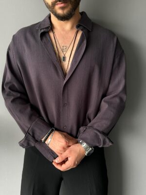 Fresh Keten Kumaş Süper Oversize Antrasit Gömlek