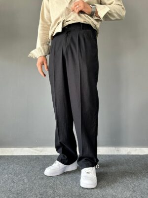 Keten Lastik Bel Pileli Baggy Siyah Pantolon