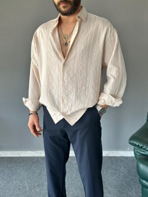 Modal Kumaş Çizgili Krem Oversize Gömlek
