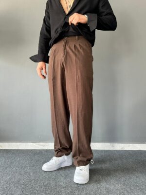 Keten Lastik Bel Pileli Baggy Acı Kahve Pantolon