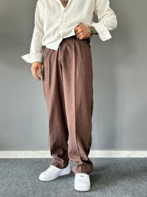 Keten Lastik Bel Pileli Baggy Kahve Pantolon