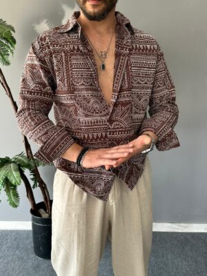 Keten Kabartma Baskılı Kahve Regular Gömlek