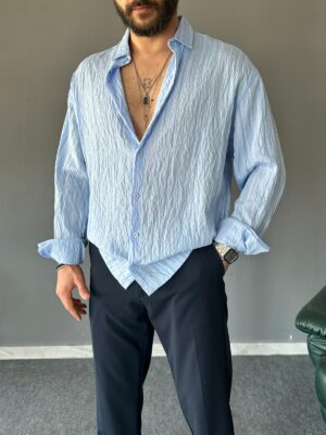 Modal Kumaş Çizgili Mavi Oversize Gömlek