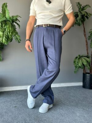 Kemerli Müslin Kumaş Lacivert Baggy Pantolon