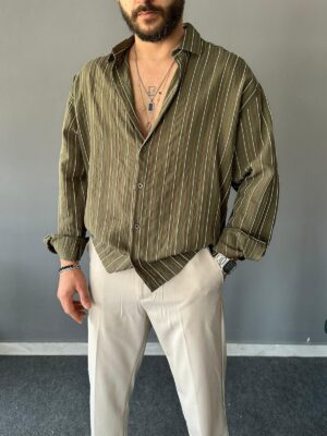 Modal Kumaş Çizgili Haki Oversize Gömlek