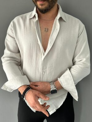 Basic Müslin Kumaş Taş Gri Oversize Gömlek