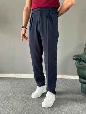 Pamuk Keten Pile Detaylı Regular Lacivert Premium Pantolon