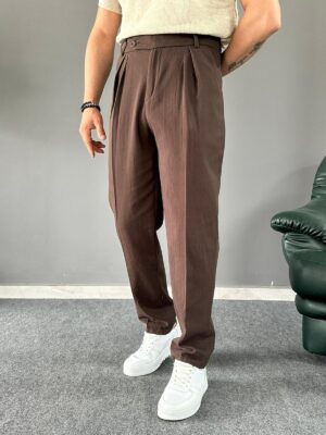 Pamuk Keten Pile Detaylı Regular Kahve Premium Pantolon