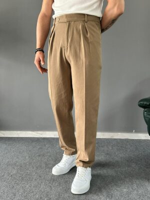 Pamuk Keten Pile Detaylı Regular Camel Premium Pantolon