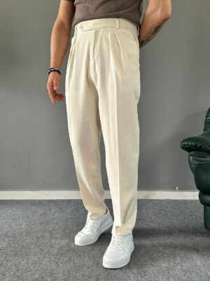 Pamuk Keten Pile Detaylı Regular Krem Premium Pantolon