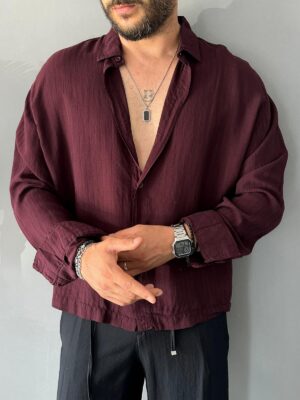 Bel Boy Tensel Kumaş Çizgili Bordo Oversize Gömlek