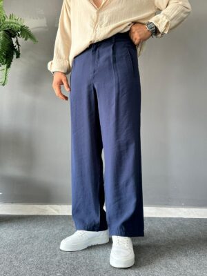 Tensel Kumaş Bağcıklı Lacivert Baggy Pantolon