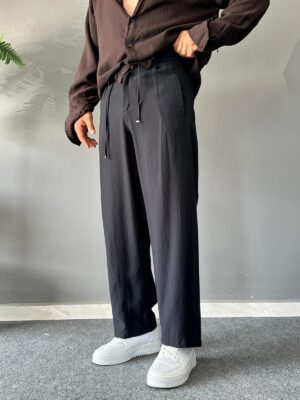 Tensel Kumaş Bağcıklı Siyah Baggy Pantolon