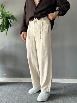 Tensel Kumaş Bağcıklı Krem Baggy Pantolon
