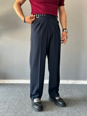 Kuşaklı Çift Tokalı Pileli Lacivert Baggy Pantolon
