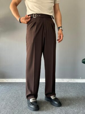 Kuşaklı Çift Tokalı Pileli Kahve Baggy Pantolon