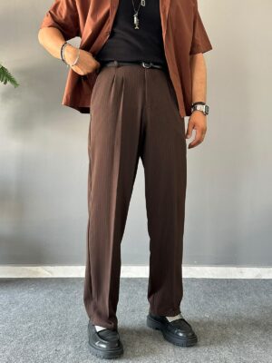 Çizgili Lastik Bel Yarı Baggy Kahve Premium Pantolon