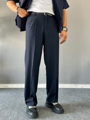 Çizgili Lastik Bel Yarı Baggy Lacivert Premium Pantolon