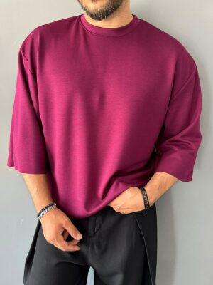 Oyşo Kumaş Fakir Kol Oversize Bordo T-Shirt