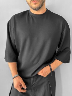 Oyşo Kumaş Fakir Kol Oversize Siyah T-Shirt