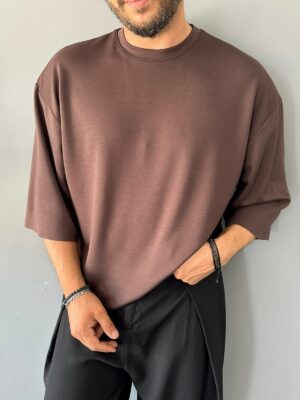 Oyşo Kumaş Fakir Kol Oversize Kahve T-Shirt