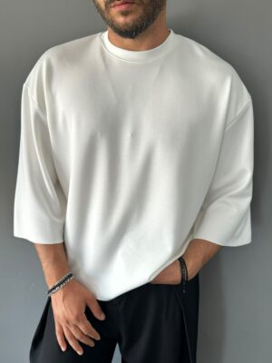 Oyşo Kumaş Fakir Kol Oversize Beyaz T-Shirt