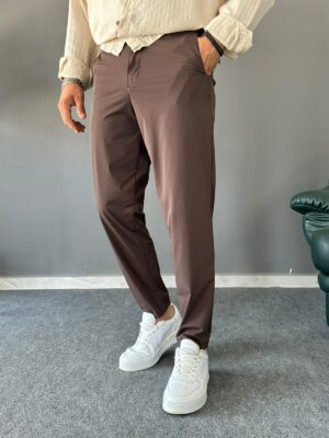 Polyamid Kumaş Lastik Bel Kahve Dar Kalıp Pantolon